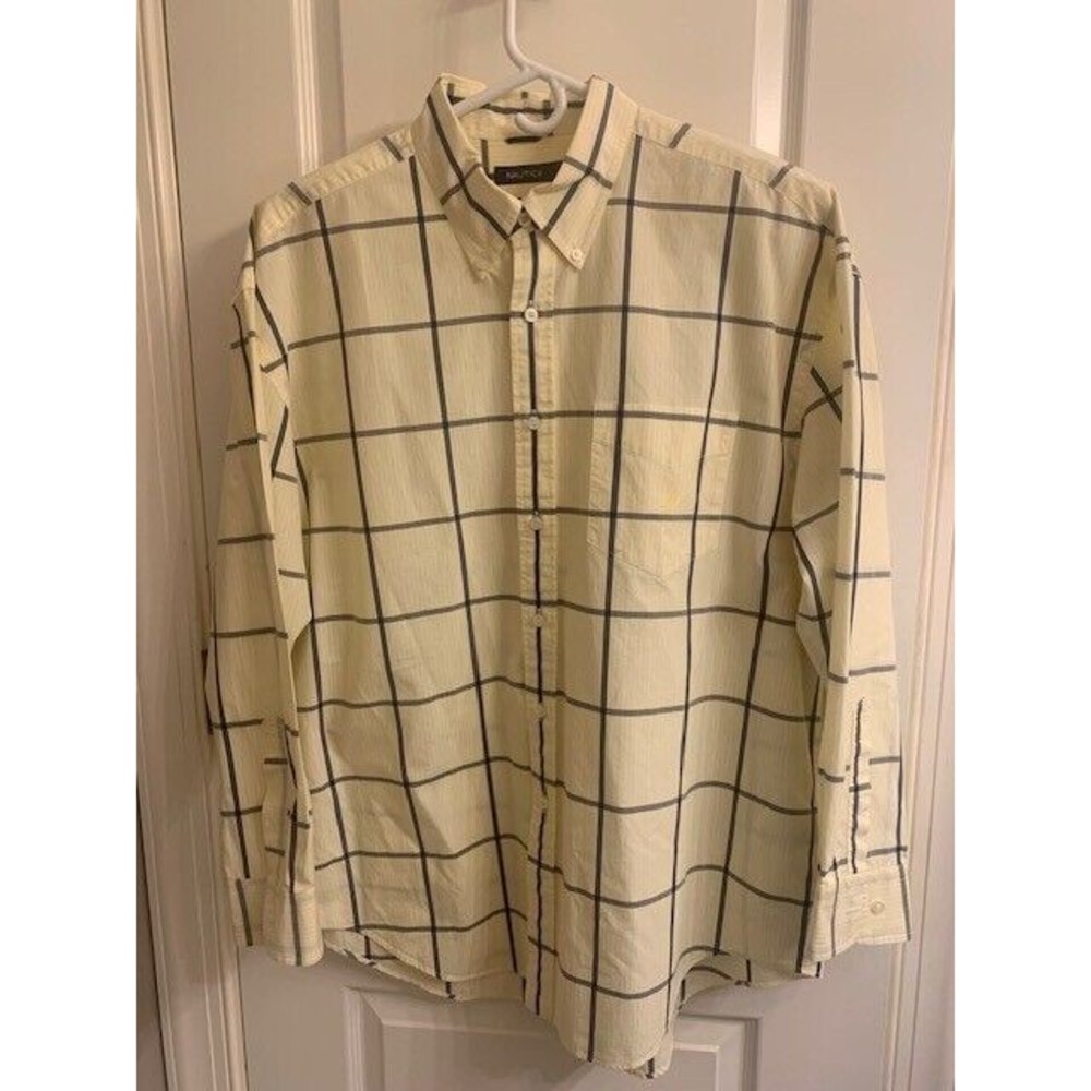 Mens Nautica Yellow & Navy lg check W/ Logo -Long Sleeve Shirt XXL Tall -Classic